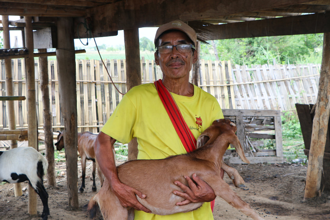 U Htun Win with one of the goats bred with support from a small grant from the YMCA in Nay Pyi Taw, Myanmar. 