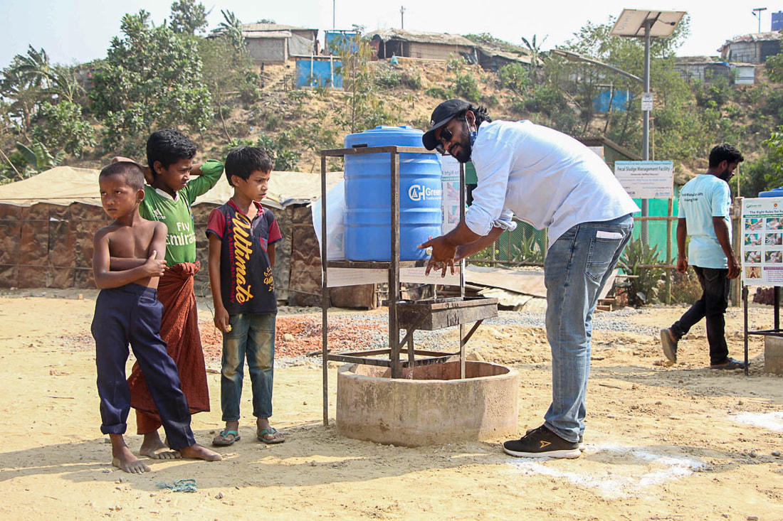 A handwashing station installed with support from CPI in Kutupalong Refugee Camp, Cox's Bazar, Bangladesh.