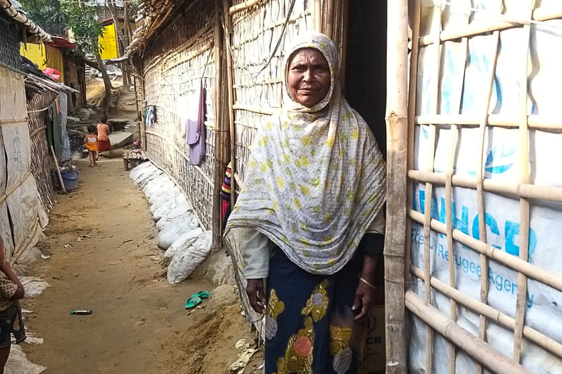 Noor Bahar at her shelter in Kutupalong Refugee Camp,  Cox's Bazar, Bangladesh.