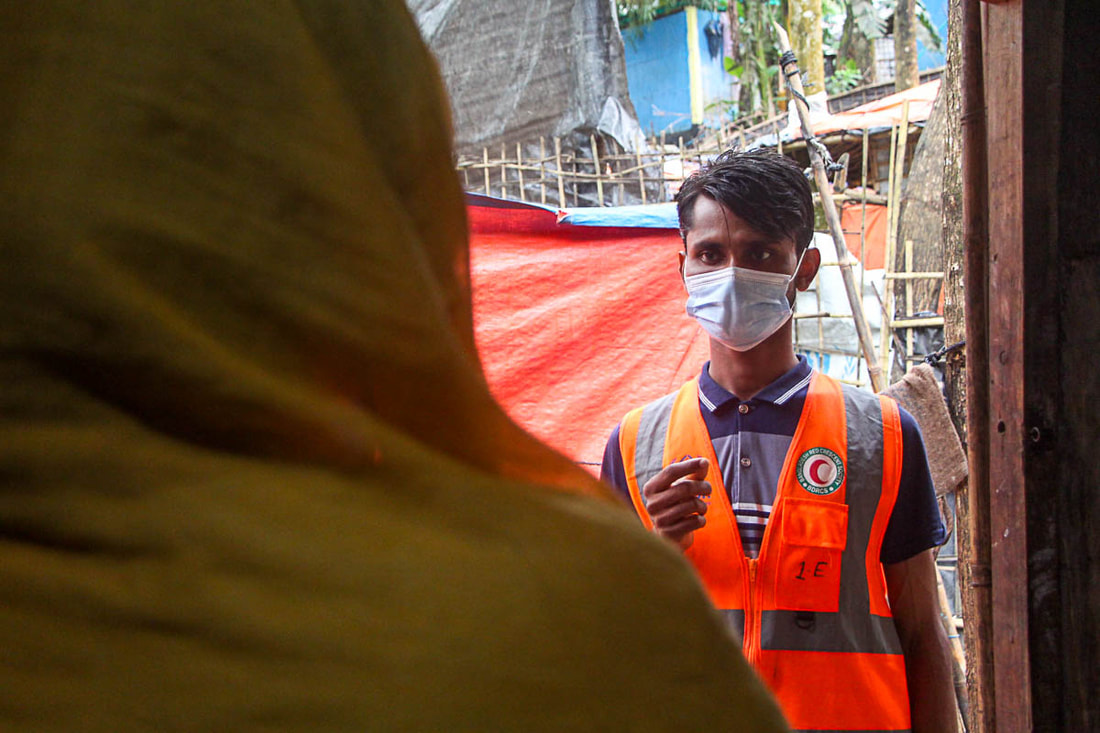 Rohingya health volunteer Tofayel conducts COVID-19 contact tracing in Kutupalong Refugee Camp, Cox's Bazar, Bangladesh.