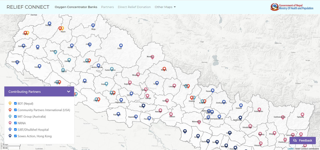 A screenshot from Relief Connect showing distribution of oxygen concentrator banks in Nepal.
