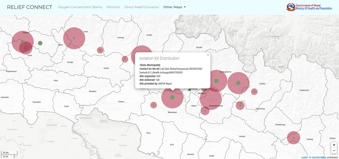 A screenshot from Relief Connect showing the provision and outstanding needs for COVID-19 isolation kits in municipalities across Nepal.