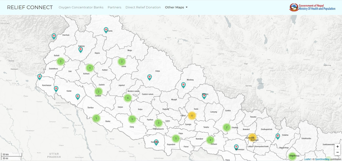 A screenshot from Relief Connect showing location of MoHP-approved hospitals in Nepal that can provide COVID-19 care.
