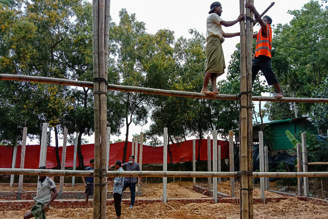 Construction underway on the new CPI-Green Hill health post in Kutupalong Refugee Camp, Cox's Bazar, Bangladesh.